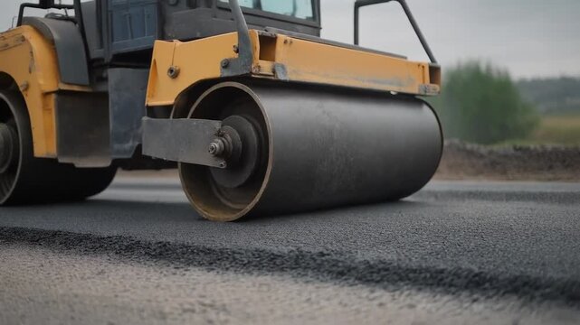 Close-up shot of a large steamroller compacting asphalt on a new road construction site
