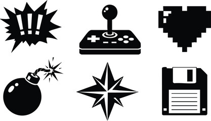 Flat design pixel art black icon set showing joystick pixel heart bomb floppy disk compass rose exclamation burst high contrast silhouette for retro game projects collection