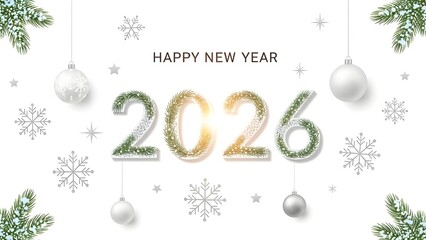 2026 Happy New Year Greeting with Glitter Numbers, Pine Branches, Ornaments, and Snowflakes on White Background