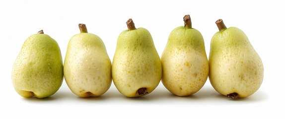 Five ripe pears are lined up on a white surface, each with a brown stem and textured skin.