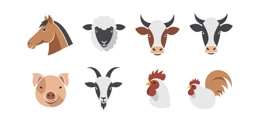 Farm animal illustrations heads collection vector graphics