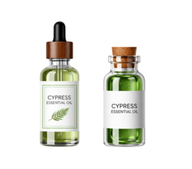 Cypress essential oil in a bottle on a transparent background, aromatherapy