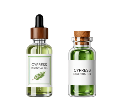 Cypress essential oil in a bottle on a transparent background, aromatherapy - Powered by Adobe