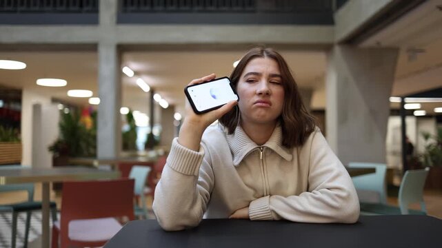Exhausted woman rolls her eyes while listening to artificial intelligence repeat another dull unhelpful answer holding her phone in a cafe and feeling completely drained by the endless monotony