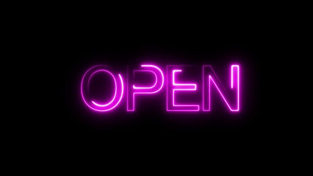 Neon open sign. Neon open now Animated, neon effect, 4K Video motion Animation, pink glowing open sign illuminated on black background
