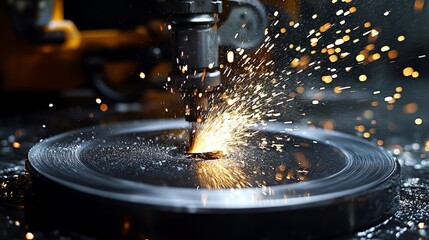 Industrial metal cutting, Automated milling creates sparks, Bright sparks fly during steel machining process, Highspeed tool operation releases molten particles and fiery embers