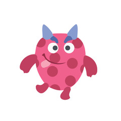 An adorable, cheerful, and plump monster girl cartoon character. The creature is perfectly round and pink, covered in playful dark pink polka dots.