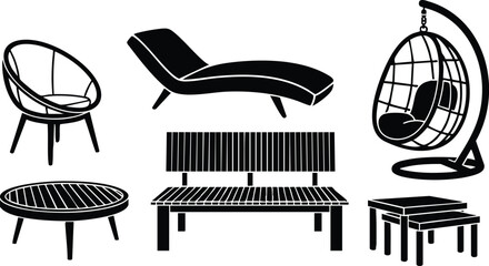 Flat design furniture icon set showing black silhouettes of chaise lounge hanging egg chair wooden bench round coffee table and nesting stools in horizontal layout collection