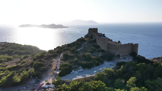 Exploring kritinia castle in rodos greece from above on a bright sunny day