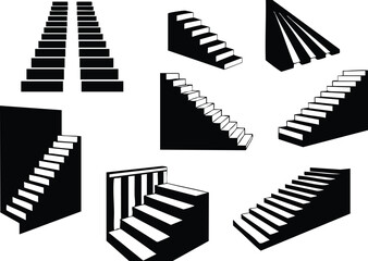 Flat design stair icon set showing multiple staircase perspectives angles in bold black silhouette on white background close up isometric view angled side elevation perspective graphic