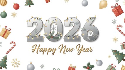 2026 Happy New Year Greeting with Silver Numbers, Christmas Tree, Ornaments, and Holiday Decorations