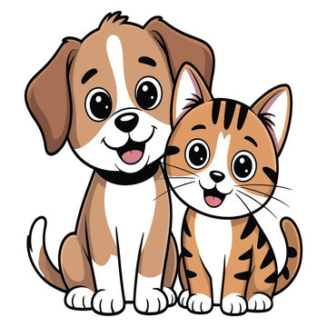 Adorable cartoon puppy and kitten friends together