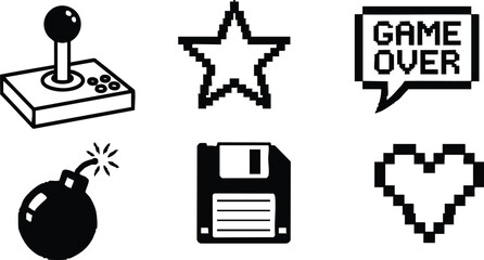 Pixel art monochrome retro game icons close up joystick bomb floppy disk pixel star pixel heart game over speech bubble set for nostalgic ui projects branding