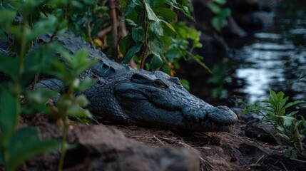 Naklejka premium Crocodile Resting on River Bank Representing Ancient Survival and Power in African Myth During Daylight Hours