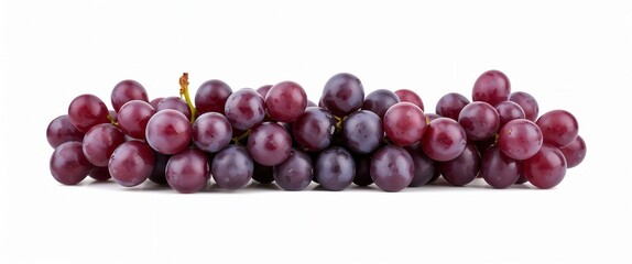 A vibrant bunch of ripe, red grapes is displayed against a clean, bright white background.