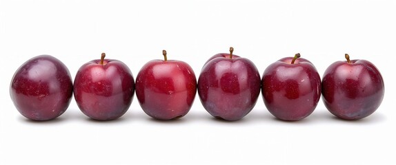 A row of six ripe, deep red plums sit on a white surface in a simple, appetizing display.