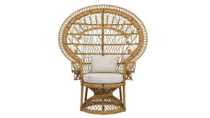 Elegant peacock chair with white cushion isolated on black