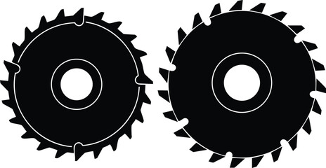 Minimalist silhouette vector flat design two circular saw blades side view overlapping on white background high contrast industrial tool icon set black isolated stencil precision sharp