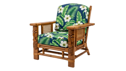 Tropical floral rattan chair isolated on black background