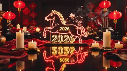 Glowing neon sign of the Horse zodiac and the year 2026 surrounded by traditional red Chinese lanterns and flickering candles, perfect for Lunar New Year celebrations and holiday marketing.