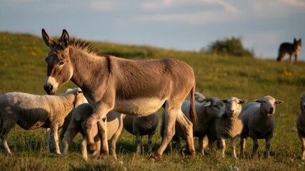 Video shows a donkey standing among sheep acting as a protective guard animal to deter predators from approaching the flock.