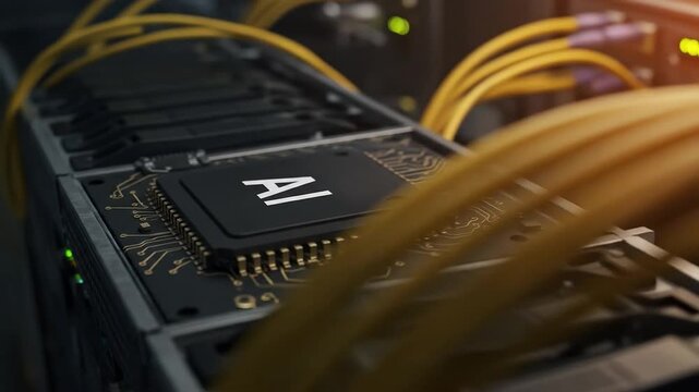 AI microchip in servers with modern IT and artificial intelligence technology