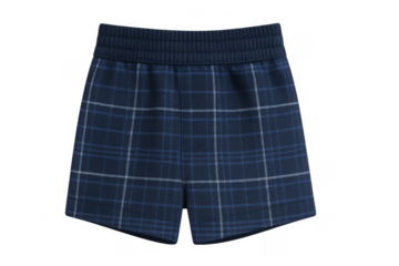 Blue plaid elastic waist shorts for men, women, or youth, summer fashion apparel in checkered tartan pattern, isolated, transparent background