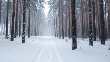 Obraz premium bosque de pinos completamente nevado. La cámara avanza suavemente entre los árboles altos cubiertos de nieve, mientras cae una nevada fina y constante. Ambiente frío y silencioso.