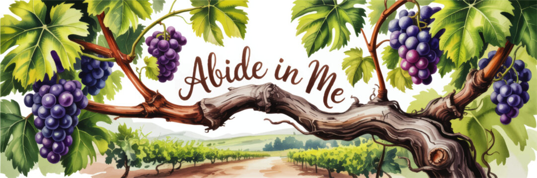 Christian grapevine illustration with &ldquo;Abide in Me&rdquo; scripture text, watercolor vineyard border banner for church, worship, Bible study