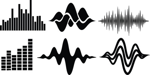 Fototapeta premium Flat design black waveform and equalizer icon set showing six distinct audio wave shapes in horizontal layout for media apps podcast branding and interface modern minimal