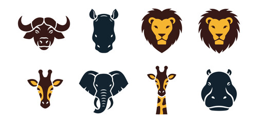 Stylized wildlife icons buffalo rhino lion giraffe elephant hippo
