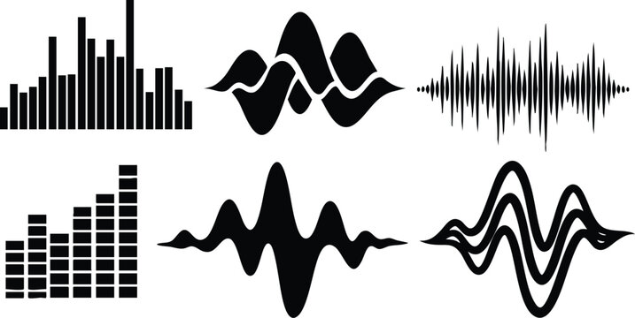 Flat design black waveform and equalizer icon set showing six distinct audio wave shapes in horizontal layout for media apps podcast branding and interface modern minimal