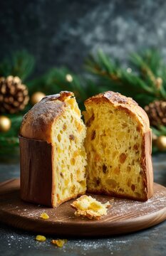 Whole Christmas panettone on wooden board with festive decor