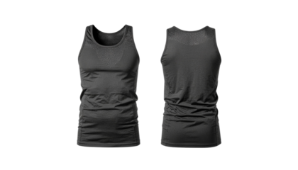 Two views of a dark gray tank top shirt shown front and back with visible texture and seams on the fabric plain white background and png