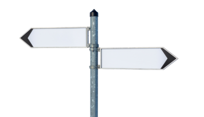 Directional sign with two blank white arrow shaped signs attached to a metal pole pointing left and right pure white background cutout