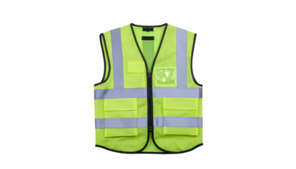 Yellow safety vest with reflective stripes and pockets on a white background and no background solid white background and no background