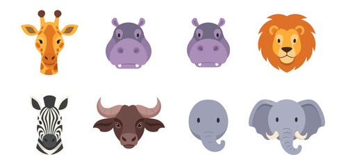 Cartoon animal faces isolated on black background for design elements