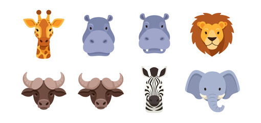 Cartoon animal heads giraffe hippo lion buffalo zebra elephant
