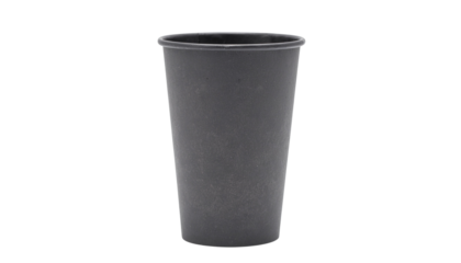 A tall dark gray cylindrical paper cup with a rolled rim is displayed against a white background in a studio setting product shot isolated