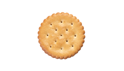 A single circular cracker with small holes and a scalloped edge is centered in the frame isolated on a neutral background with png background