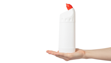Hand holding a white plastic bottle with a red cap, possibly cleaning product, presented in a bright studio shot on white and transparent