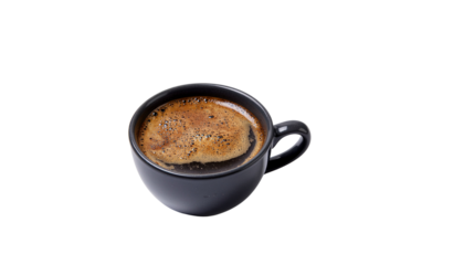 A dark coffee beverage with foam in a black cup with a handle is shown against a plain white background object on white and png