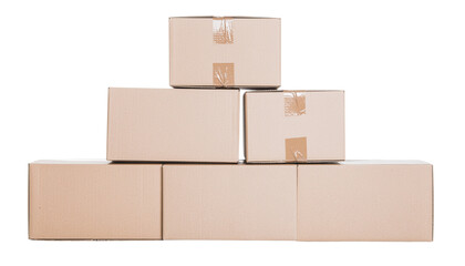 Cardboard boxes stacked in a pyramid shape with packing tape securing them, arranged on a flat surface, isolated on a white background cutout