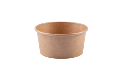 Round brown paper container or bowl with a rolled rim is centered in the frame on a plain seamless surface white background cutout