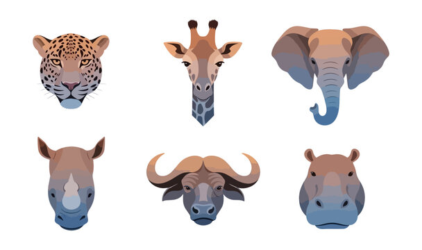 Geometric animal portraits african wildlife cheetah giraffe elephant rhino buffalo hippo