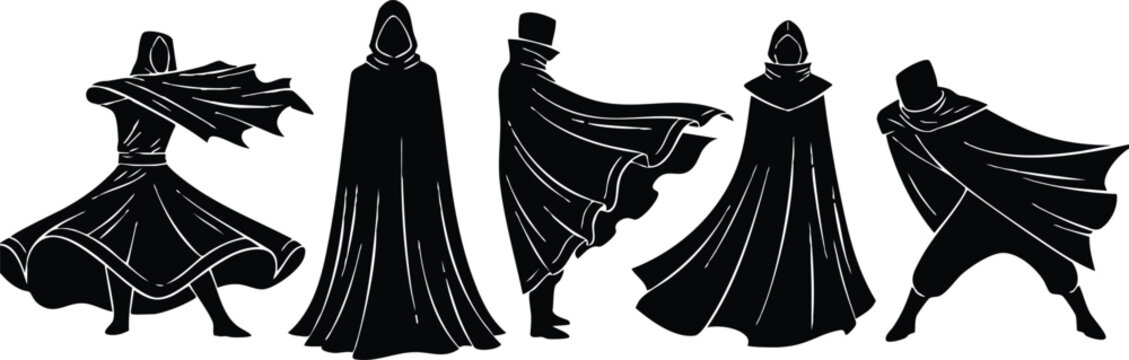 Silhouette vector dramatic side view of five cloaked hooded figures in dynamic flowing cape poses on white background with high contrast bold graphic cinematic motion energy