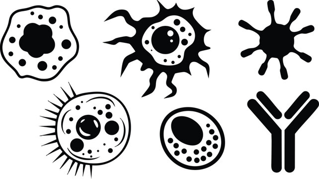 Icon set flat silhouette medical microbes cells antibody y shape isolated collection of bacterial and viral cell symbols for scientific and educational design vector art icons