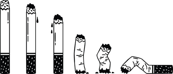 Line art minimalist close series of cigarettes burning ash dropping and progressively crushed to stub with sad faces anti smoking concept in black and white illustration