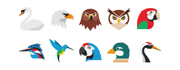 Various stylized bird illustrations on black background
