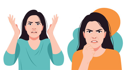 Two portraits of an angry and frustrated young woman, one with hands up in exasperation and the other with a clenched fist. This illustration depicts rage, irritation, and negative emotions.